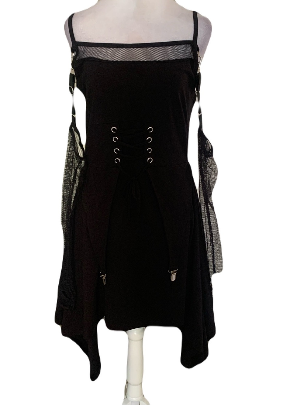 NEW Poizen Medium Black Mesh Scarf Hem Corset Dress Gothic Goth Whimsigoth Punk